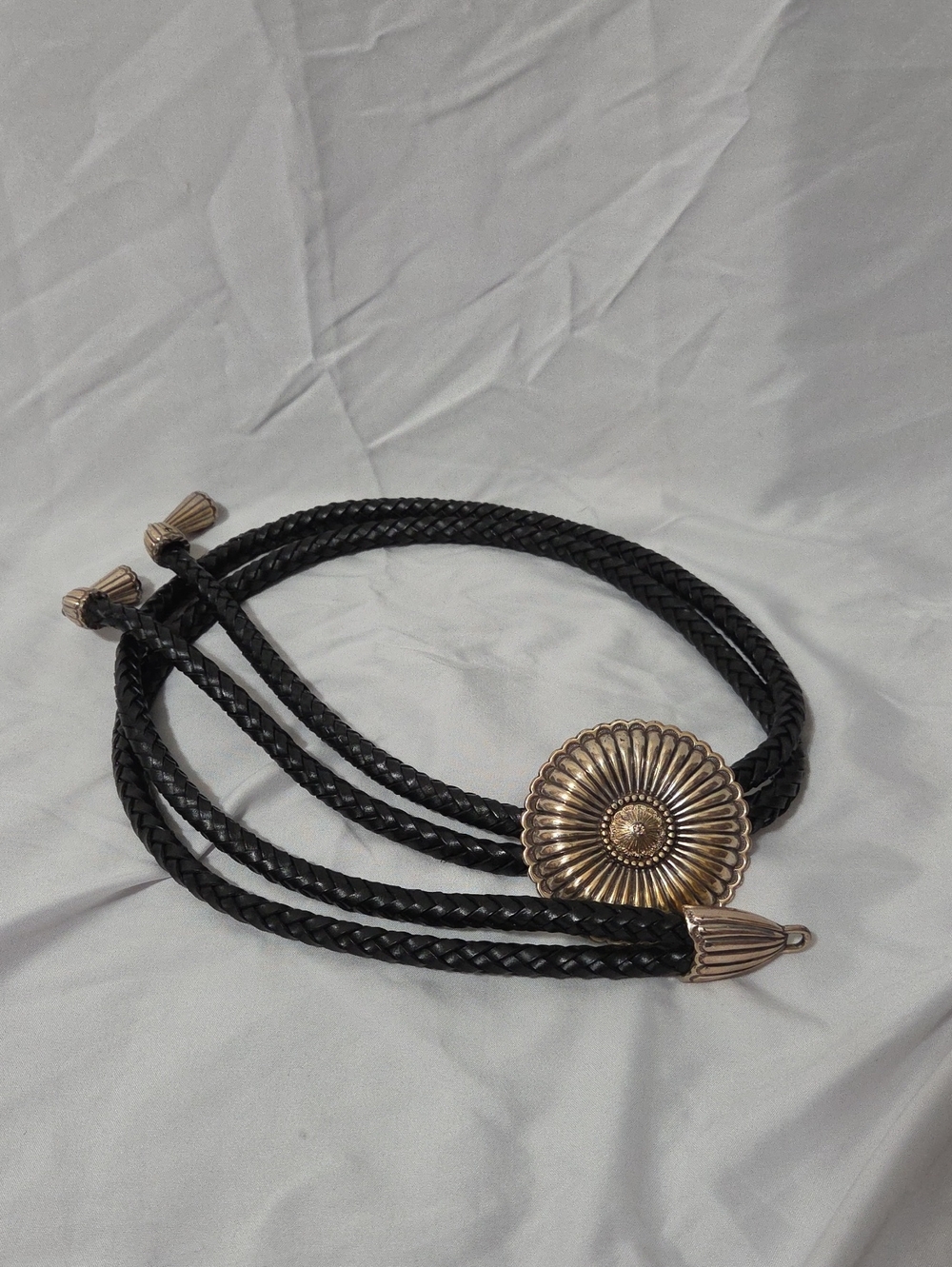 Black Braided Leather Belt with silver Floral Concho